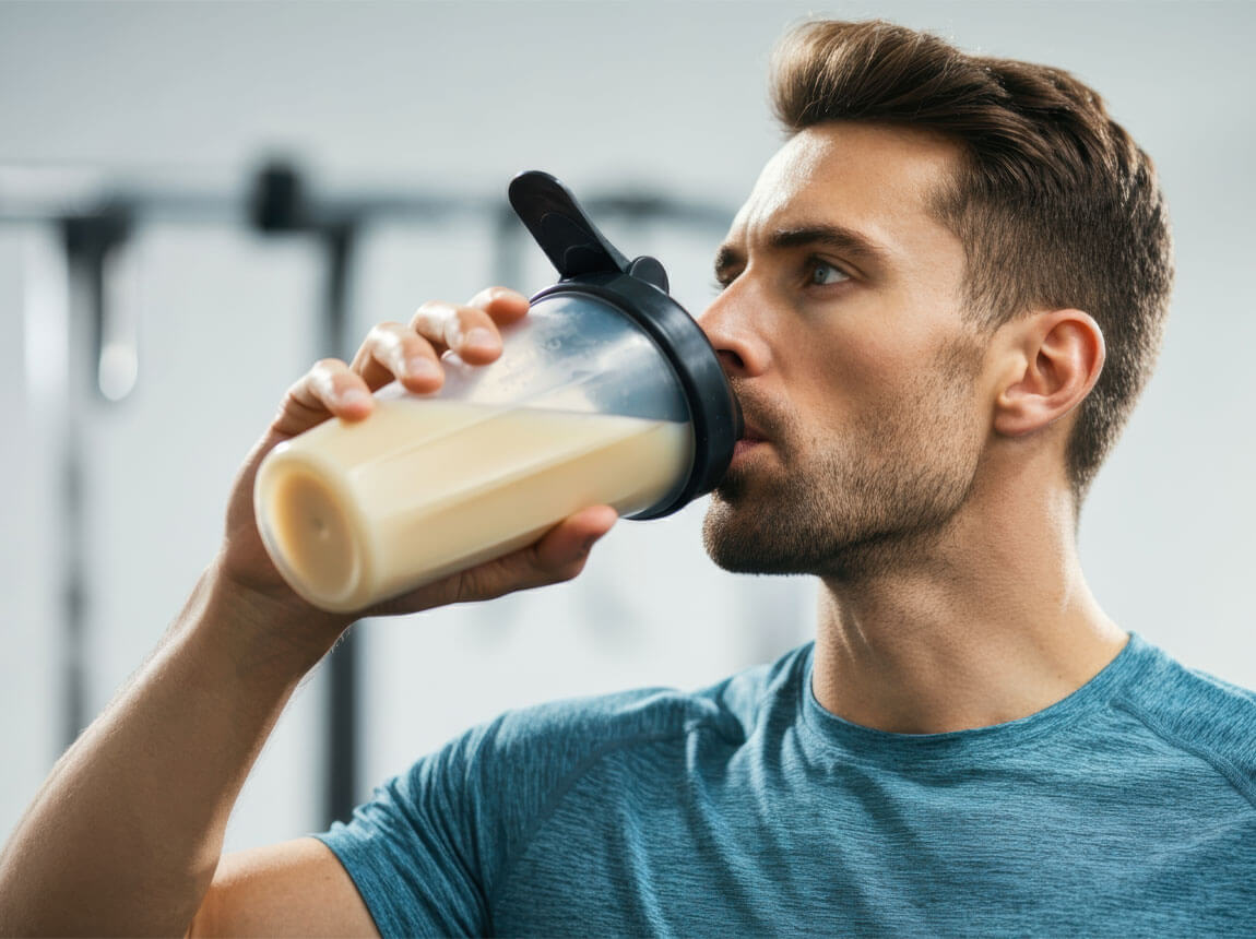 muž s proteínovým kokteilom