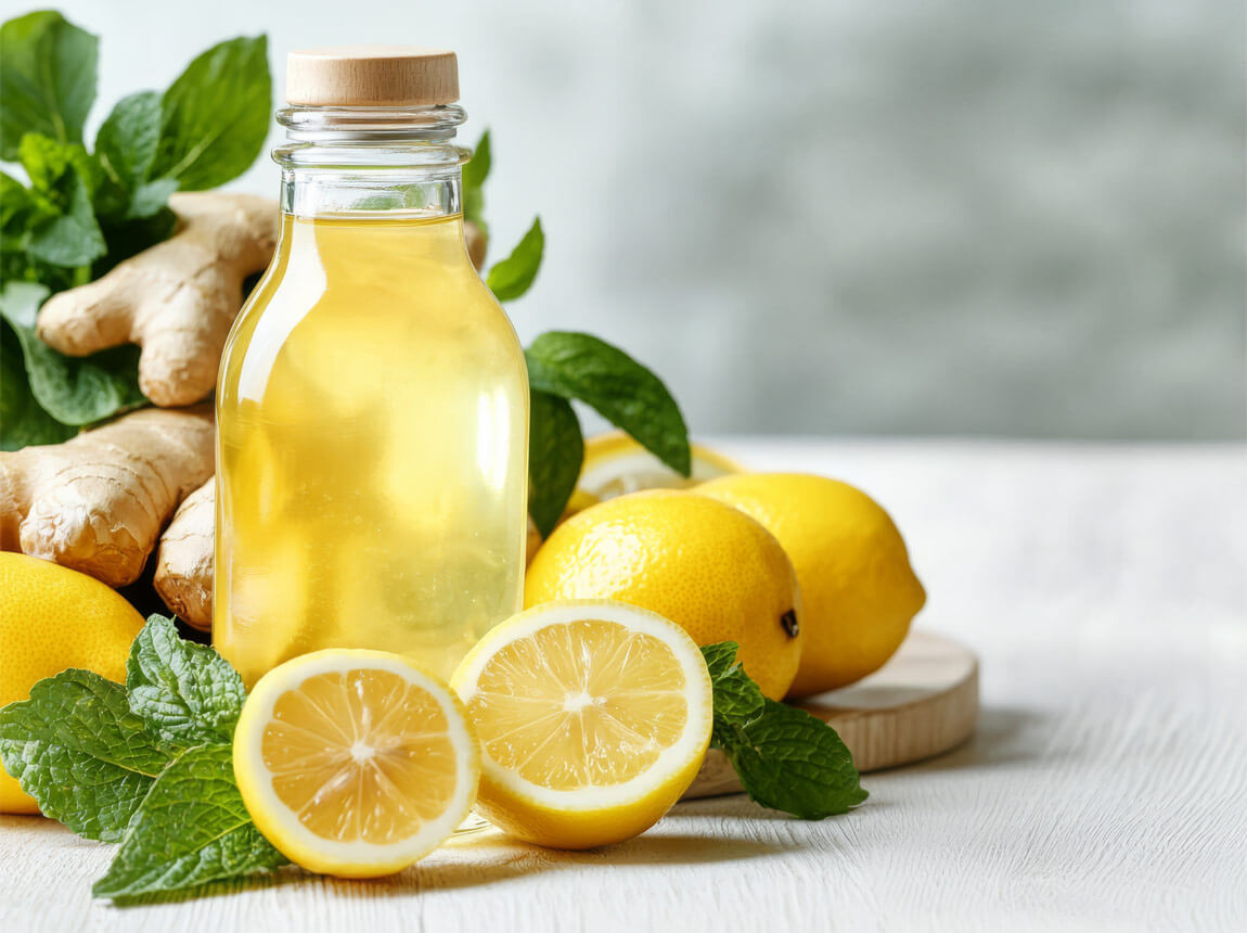 citrónová šťava, zázvor, mäta 