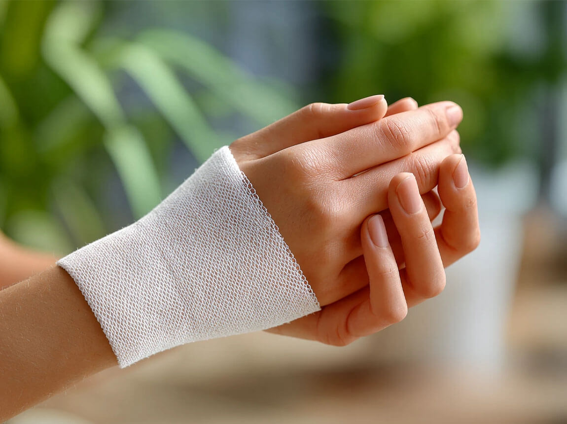 ruka zabalená v obväzoch 